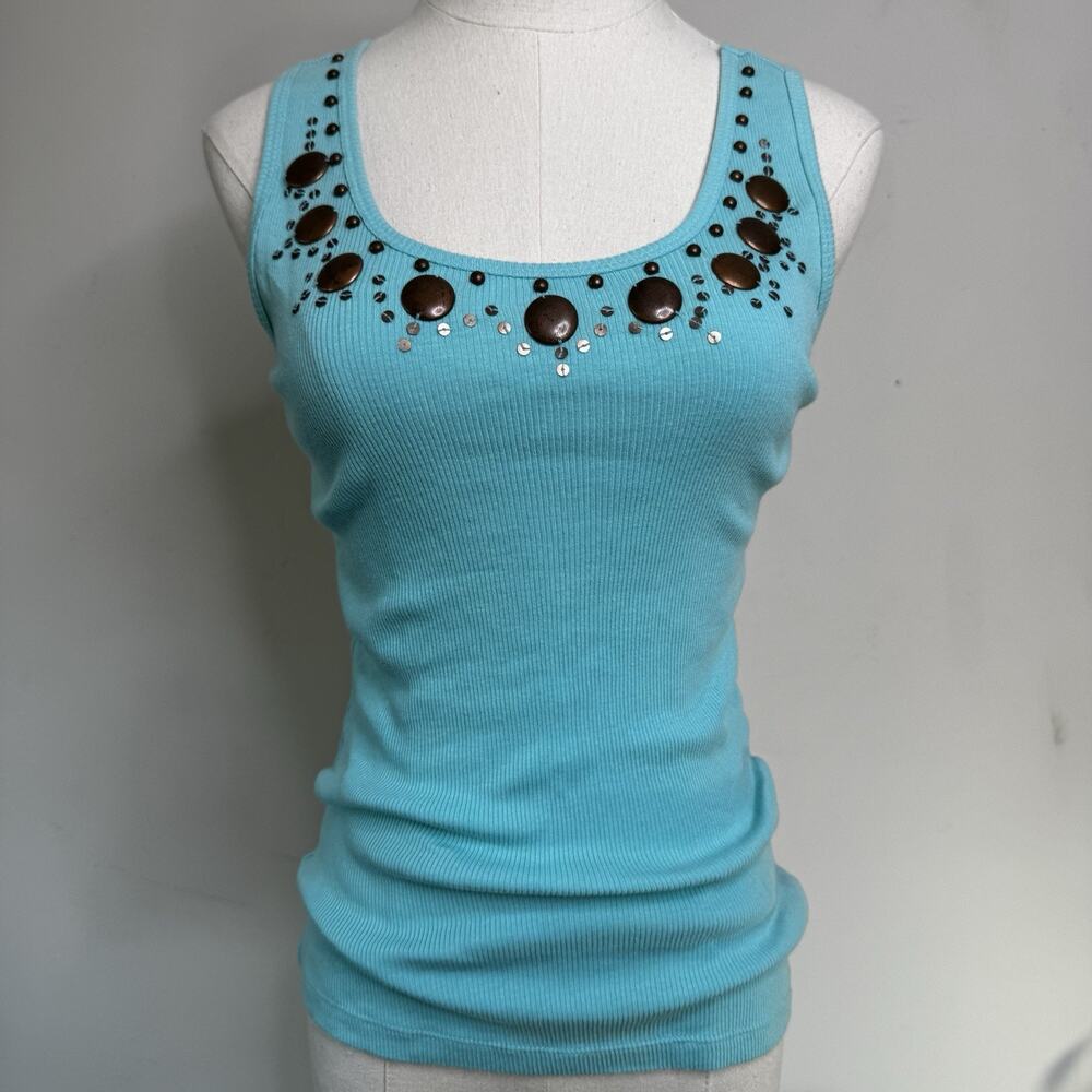 Vintage Y2K Aqua Embellished Tank Top Sequins Going Out M